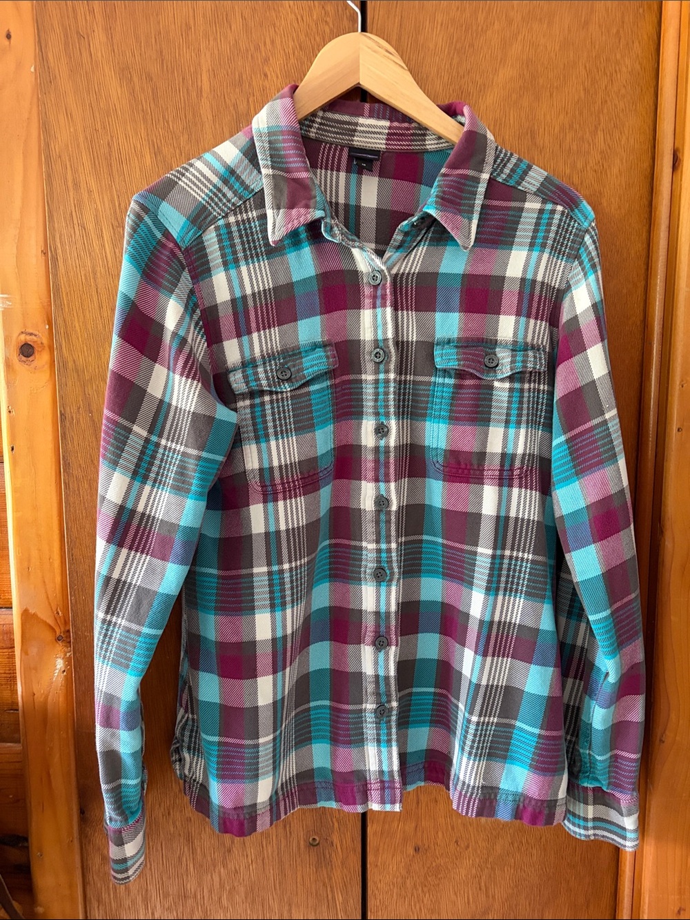 Patagonia Plaid Button-Down Shirt in Teal, Plum, and Gray